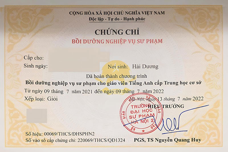 Chứng chỉ NVSP THCS