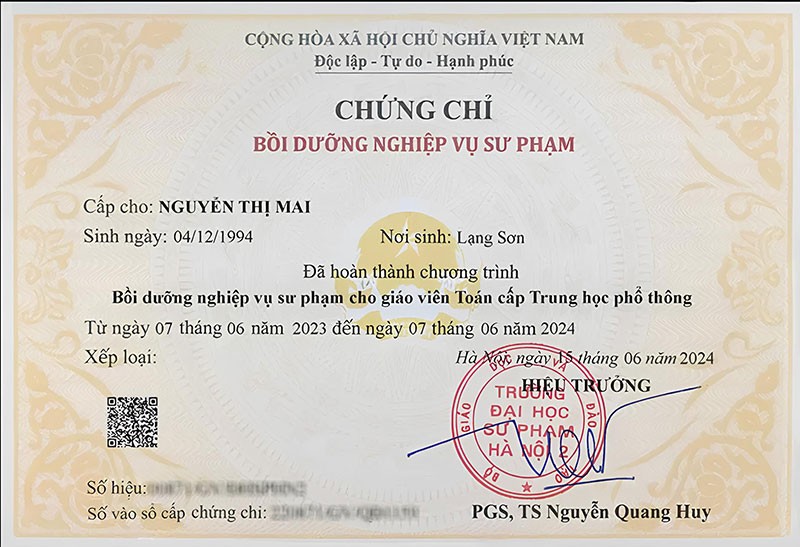 Chứng chỉ NVSP THPT