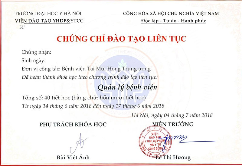 Chứng chỉ quản lý bệnh viện