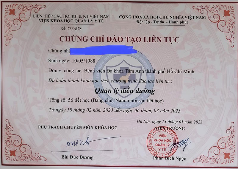 Chứng chỉ quản lý điều dưỡng