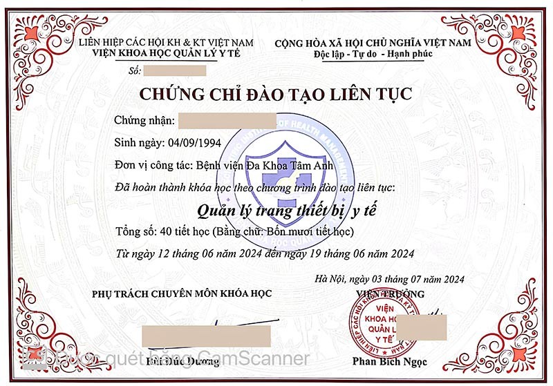 Chứng chỉ quản lý trang thiết bị y tế