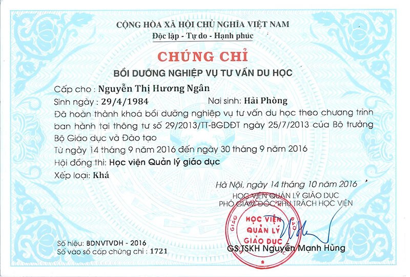 Mẫu chứng chỉ nghiệp vụ tư vấn du học