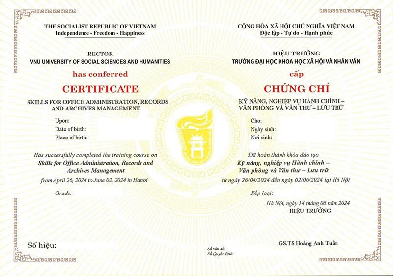 Chứng chỉ văn thư lưu trữ