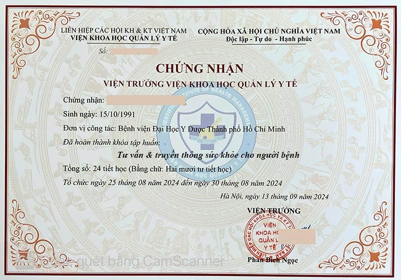 Chứng nhận tư vấn & truyền thông sức khoẻ cho người bệnh