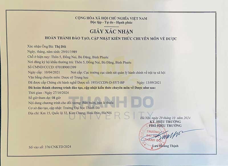Chung Chi Cme Duoc Truong Dai Hoc Thanh Do